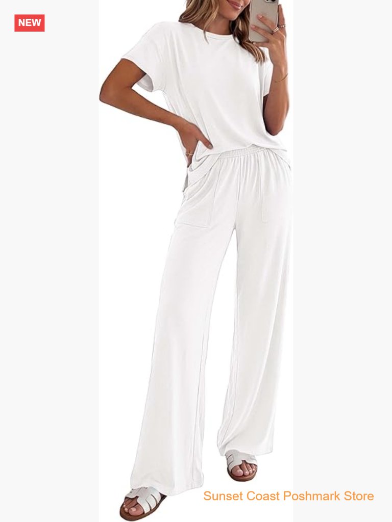 2 Piece Lounge Set Short Sleeve Top Wide Leg Pants Travel Outfit